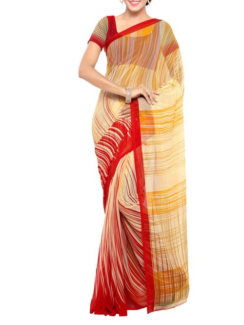 yellow faux georgette printed saree with blouse - 14048015 - Very Small Image - 1