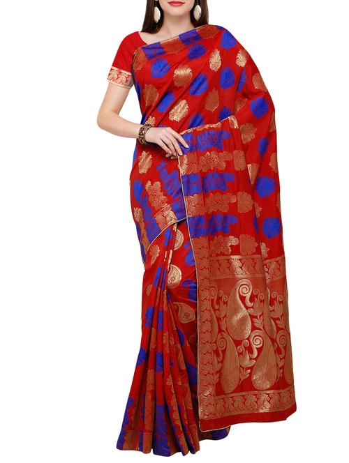 red poly silk woven saree with blouse - 14049036 - Very Small Image - 1