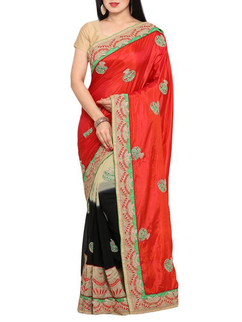 red half and half embroidered saree with blouse - 14049852 - Very Small Image - 1