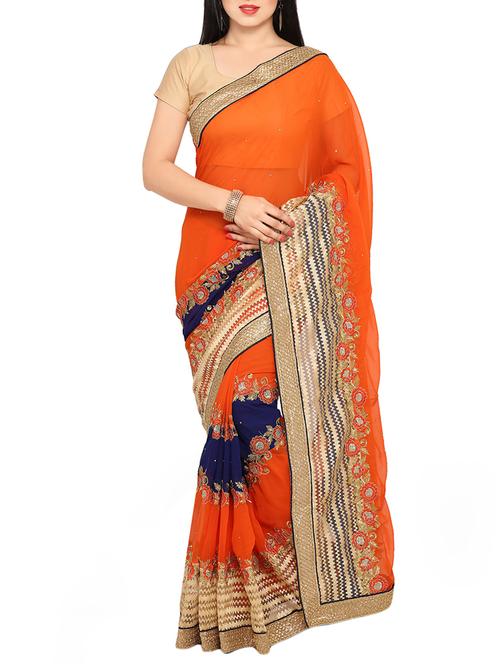 orange georgette embroidered saree with blouse - 14049866 - Very Small Image - 1