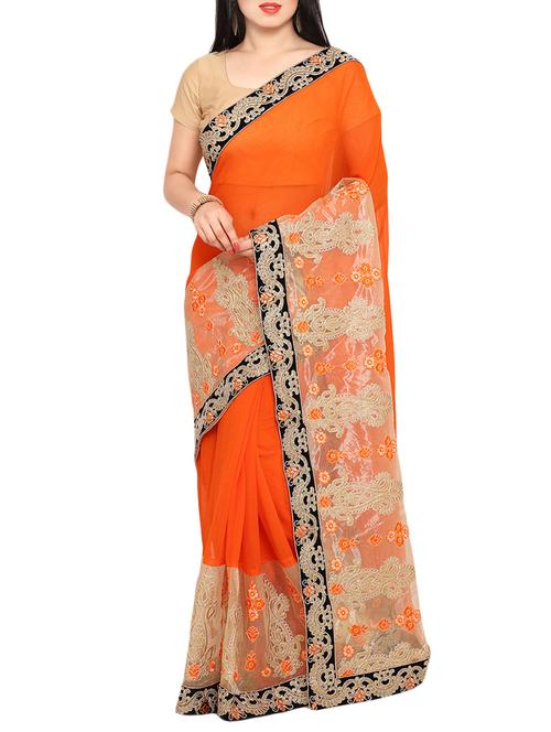 orange embroidered georgette saree with blouse - 14049875 - Very Small Image - 1