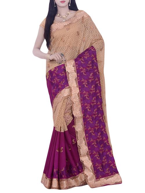 beige & purple woven saree with blouse - 14049892 - Very Small Image - 1
