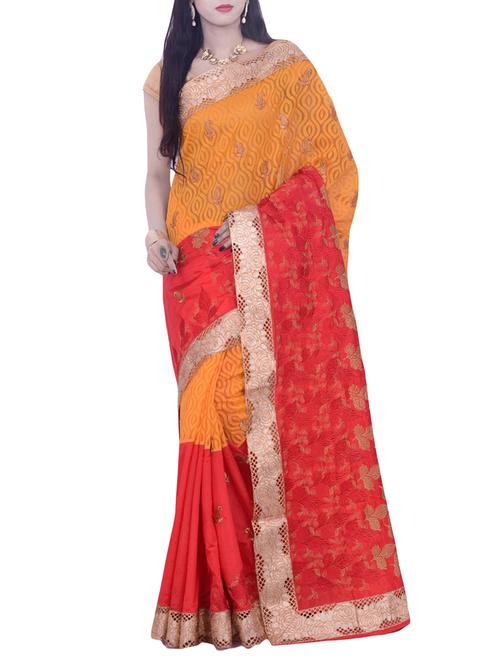 orange & red woven saree with blouse - 14049893 - Very Small Image - 1