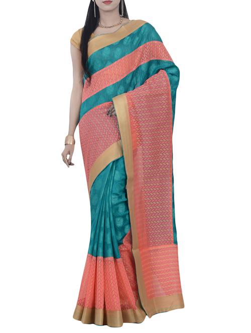 green & peach woven saree with blouse - 14049904 - Very Small Image - 1
