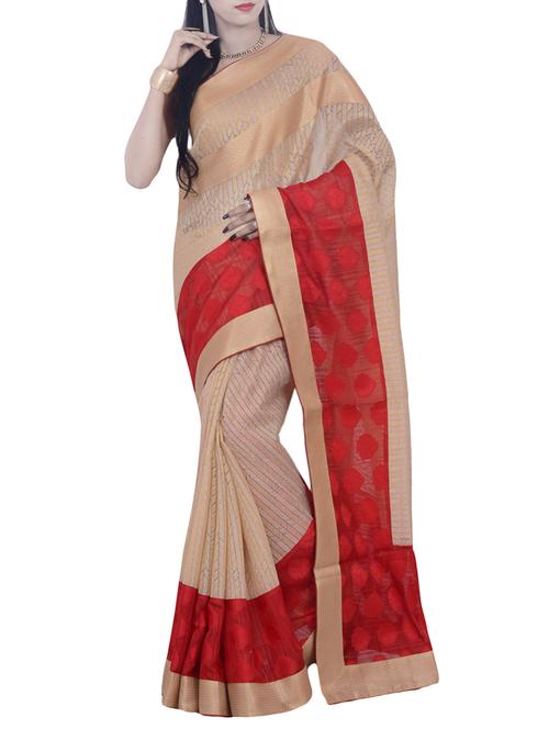 beige & red woven saree with blouse - 14049907 - Very Small Image - 1