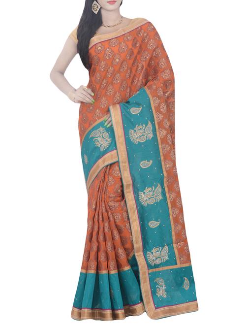 orange woven saree with blouse - 14049936 - Very Small Image - 1