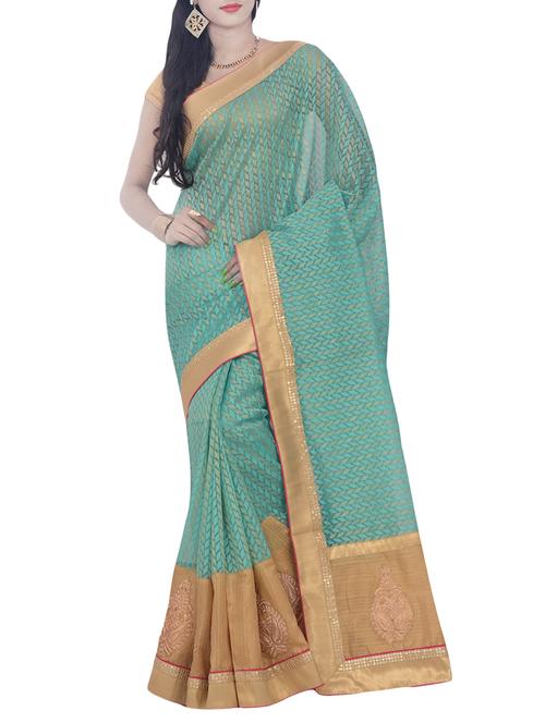 turquoise art silk saree with blouse - 14049937 - Very Small Image - 1