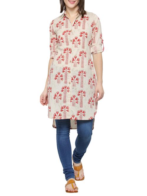 cream cotton high low kurta - 14062064 - Very Small Image - 1