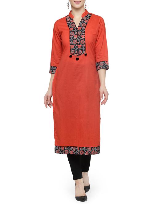 red cotton straight kurta - 14062079 - Very Small Image - 1