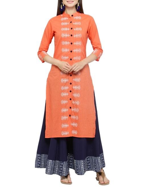 orange cotton straight kurta - 14062084 - Very Small Image - 1