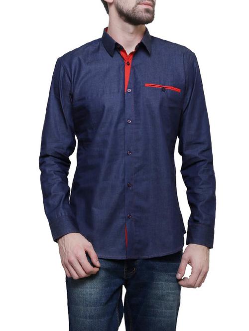 navy blue denim casual shirt - 14069259 - Very Small Image - 1