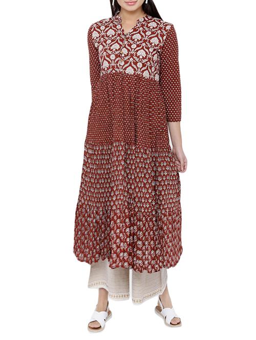 maroon cotton tiered kurta - 14073560 - Very Small Image - 1
