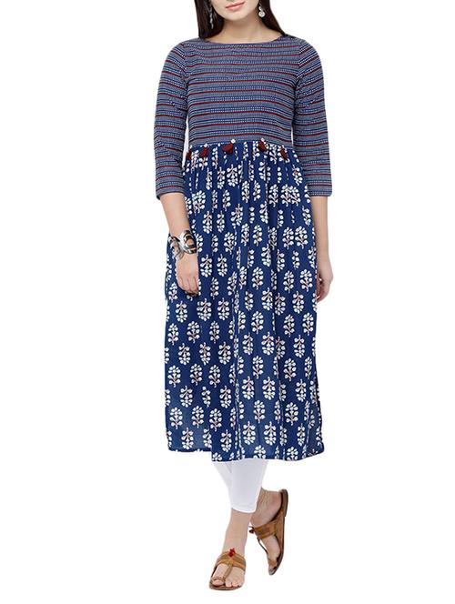 indigo cotton a-line kurta - 14073594 - Very Small Image - 1