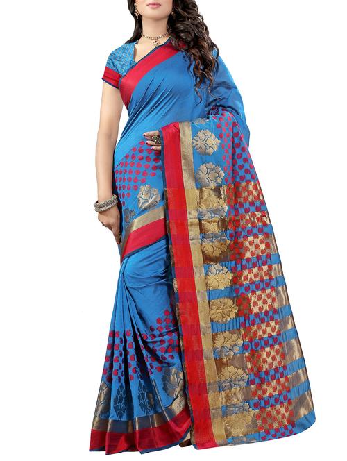 blue cotton blend woven saree with blouse - 14074029 - Very Small Image - 1