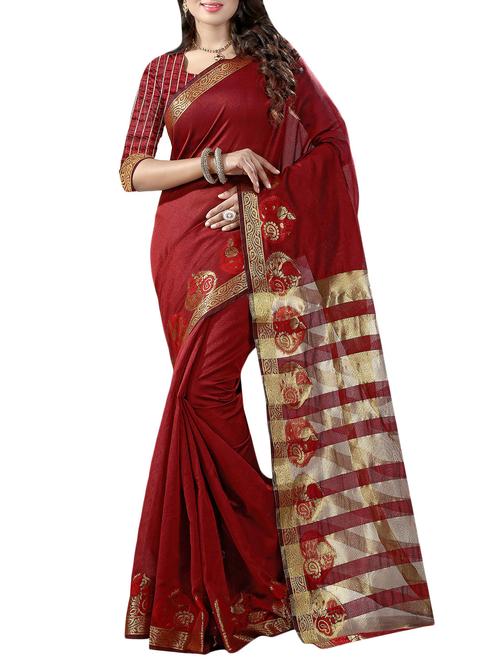 maroon cotton blend bordered saree with blouse - 14074069 - Very Small Image - 1