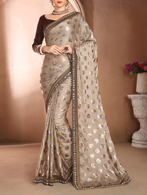 beige satin foil printed saree with blouse - 14075320 - Very Small Image - 1