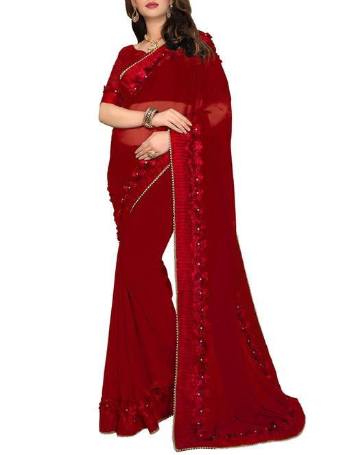 red georgette embroidered saree with blouse - 14075475 - Very Small Image - 1