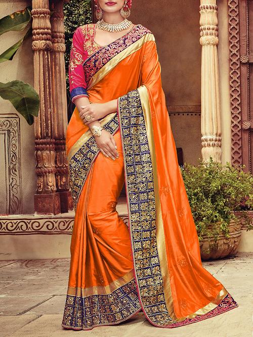 orange silk embroidered bordered saree with blouse - 14075478 - Very Small Image - 1