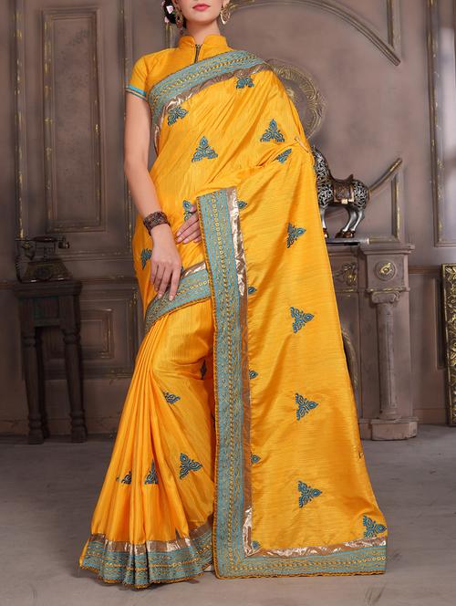 yellow silk embroidered saree with blouse - 14075504 - Very Small Image - 1
