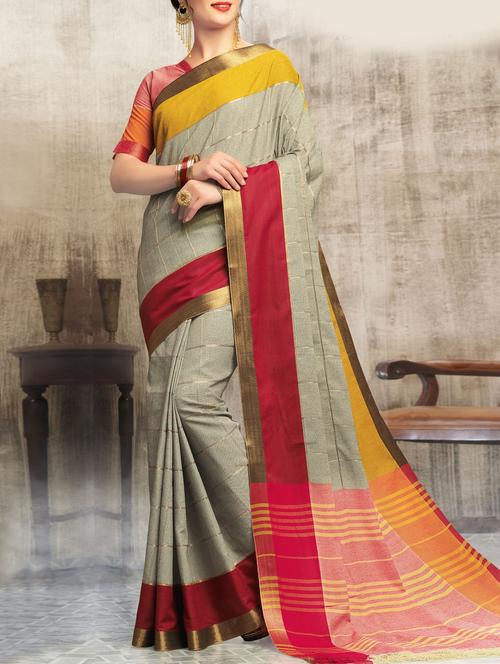 grey woven cotton blend saree with blouse - 14075934 - Very Small Image - 1