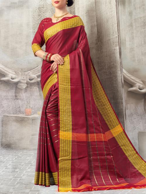 maroon woven cotton blend saree with blouse - 14075937 - Very Small Image - 1