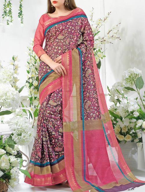 multi colored printed cotton blend saree with blouse - 14075946 - Very Small Image - 1