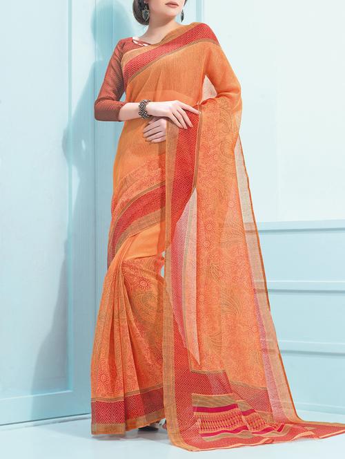 orange printed cotton blend saree with blouse - 14075965 - Very Small Image - 1