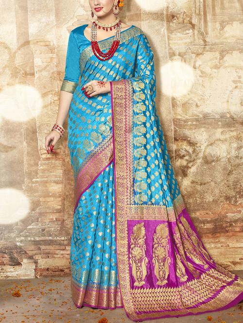 sky blue art silk woven saree with blouse - 14075993 - Very Small Image - 1