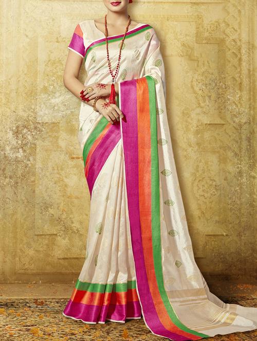 cream art silk printed saree with blouse - 14075995 - Very Small Image - 1