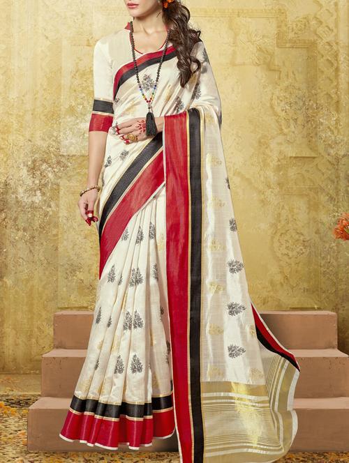 cream art silk printed saree with blouse - 14075999 - Very Small Image - 1