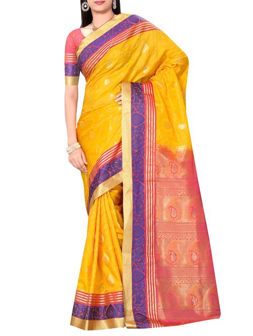 yellow art silk woven saree with blouse - 14076306 - Very Small Image - 1