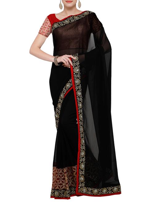 black georgette embroidered saree with blouse - 14076395 - Very Small Image - 1