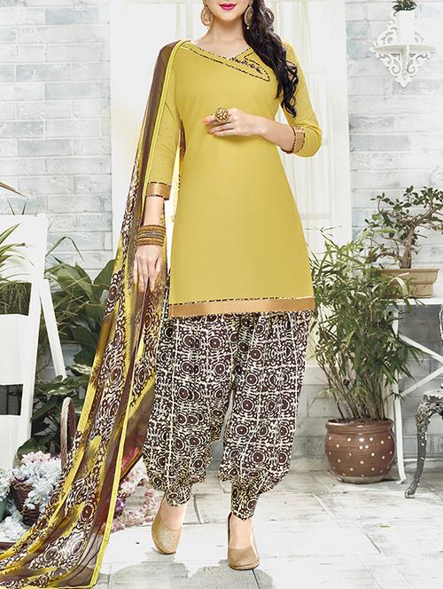 yellow cotton blend unstitched suit - 14076463 - Very Small Image - 1