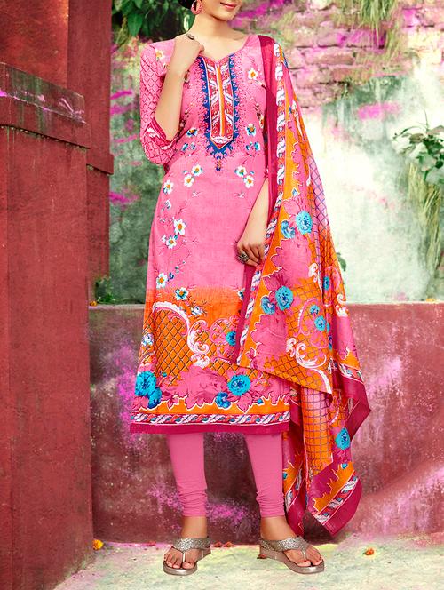 pink cotton blend unstitched suit - 14076477 - Very Small Image - 1