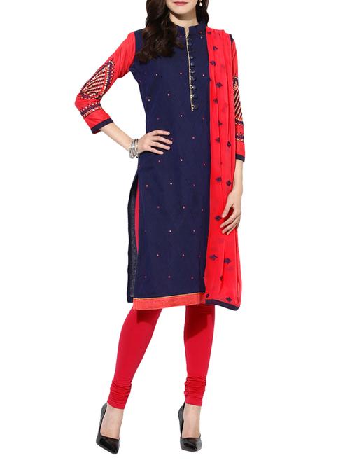 navy blue cotton embroidered dress material - 14076482 - Very Small Image - 1