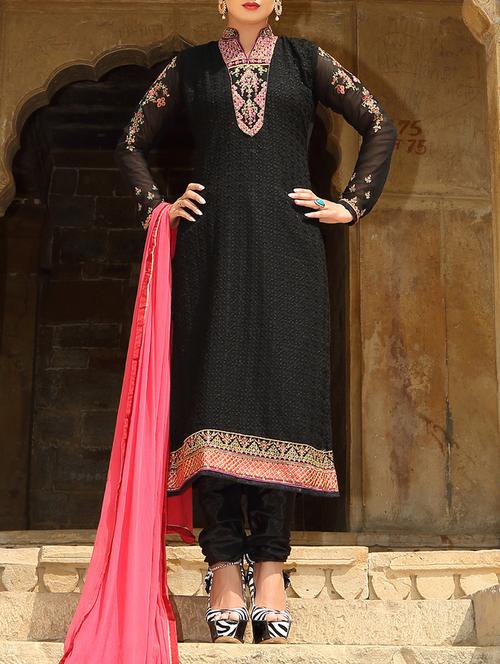 black georgette semi-stitched churidaar suit - 14078806 - Very Small Image - 1