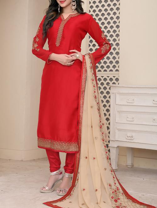 red satin semi-stitched churidaar suit - 14078872 - Very Small Image - 1