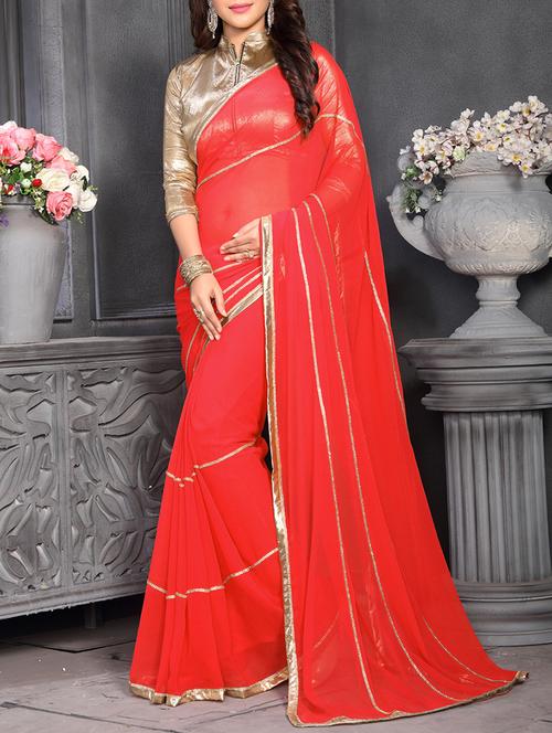 red georgette embellished saree with blouse - 14078893 - Very Small Image - 1