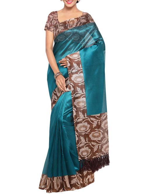 teal green tussar saree with blouse - 14081915 - Very Small Image - 1