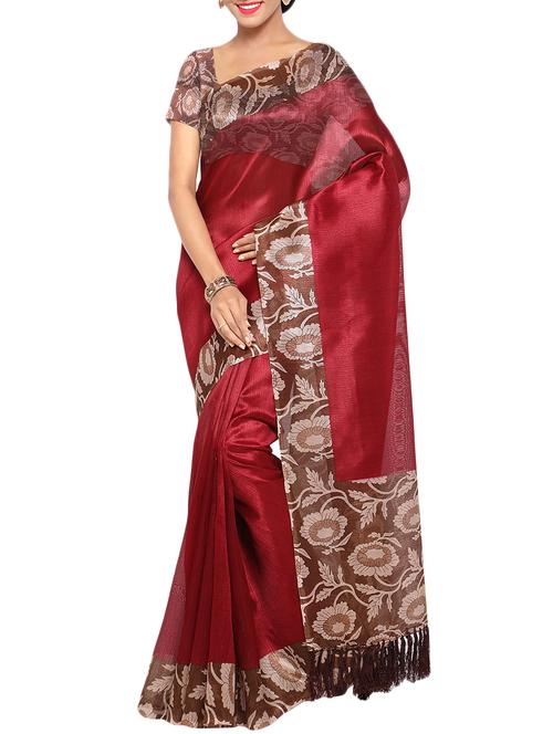 maroon tussar silk saree with blouse - 14081917 - Very Small Image - 1