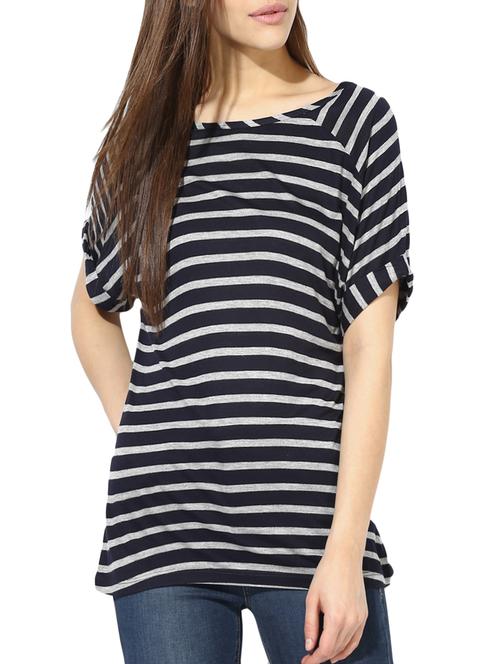 navy blue striped viscose regular tee - 14082134 - Very Small Image - 1