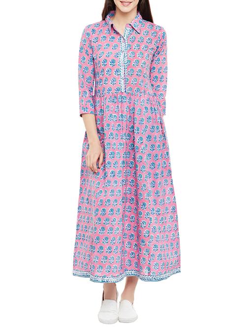 pink floral cotton shirt collared flared kurta - 14083039 - Very Small Image - 1
