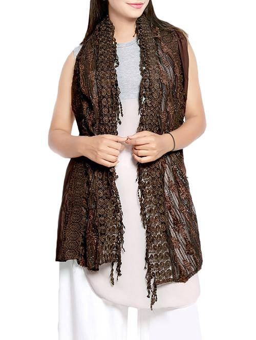 embroidered brown chiffon stole - 14086155 - Very Small Image - 1