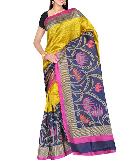 yellow art silk printed saree with blouse - 14086676 - Very Small Image - 1
