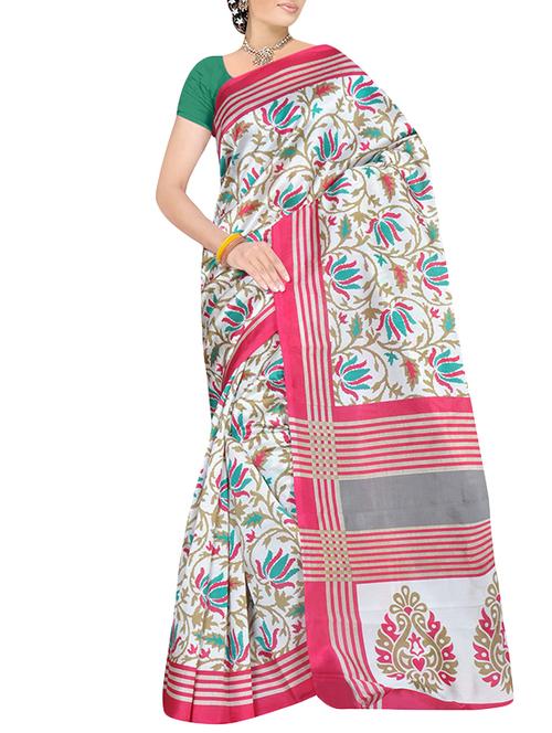 white art silk printed saree with blouse - 14086681 - Very Small Image - 1