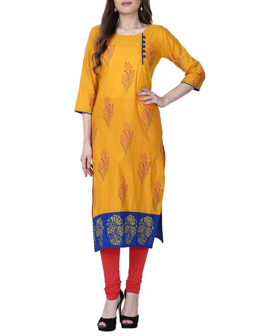 mustard cotton straight kurta - 14087117 - Very Small Image - 1