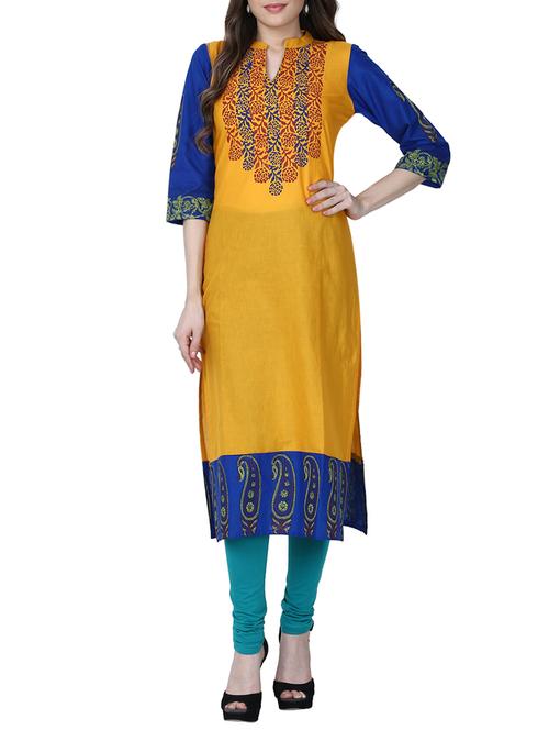 mustard cotton straight kurta - 14087118 - Very Small Image - 1