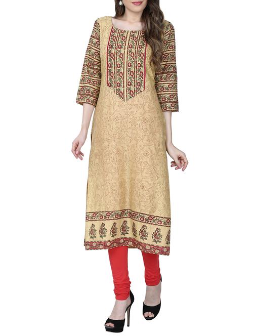 beige cotton straight kurta - 14087120 - Very Small Image - 1