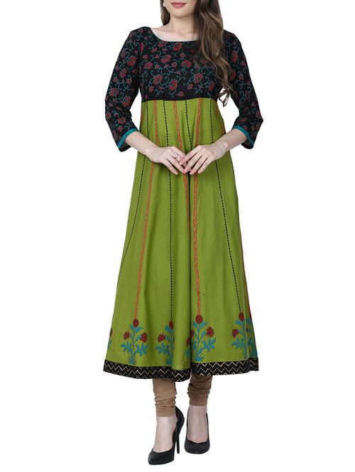green cotton flared kurta - 14087138 - Very Small Image - 1