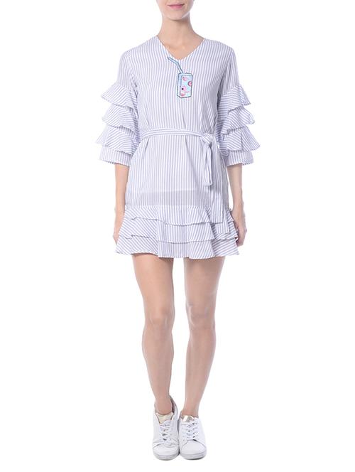 striped blue cotton belted dress - 14087448 - Very Small Image - 1